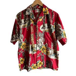 Hilo Hattie Tiki Idols Hibiscus Tropical Hawaiian Button Up Shirt Red M